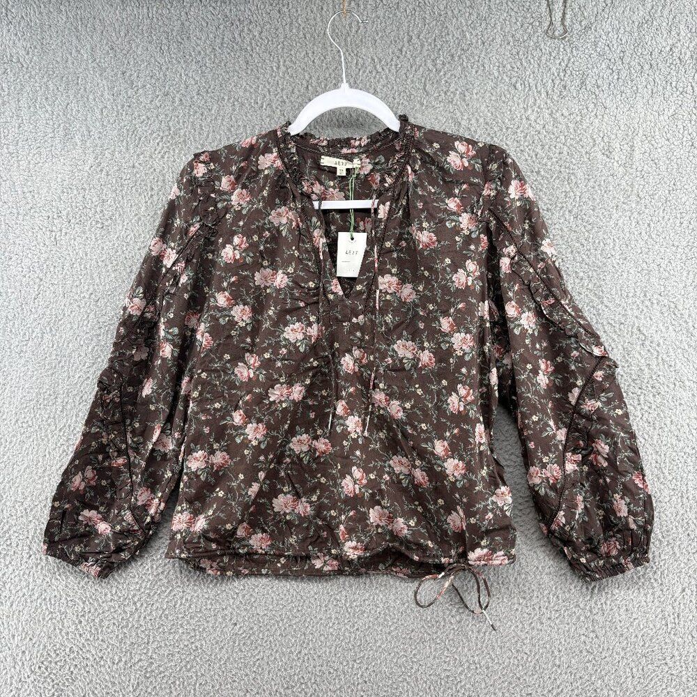 AE 77 Blouse Brown Floral Boho Cottage Prairie Organic Cotton XS